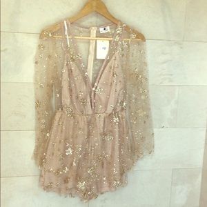 Nude romper with sheer overlay with